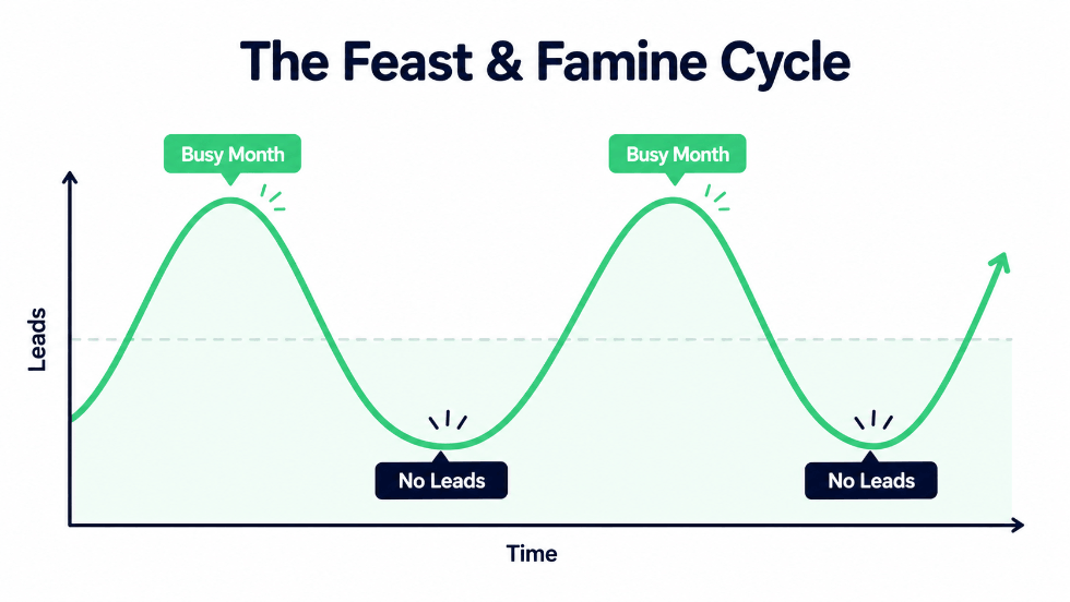 Line graph titled The Feast & Famine Cycle showing inconsistent web design leads over time, with busy months and no-lead troughs