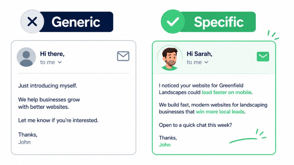 Comparison of a generic vs a personalised web design cold email, showing how specific site issues improve outreach