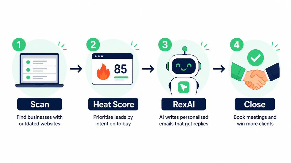 LeadRex four-step web design lead generation workflow: Scan, Heat Score, RexAI outreach, and close clients