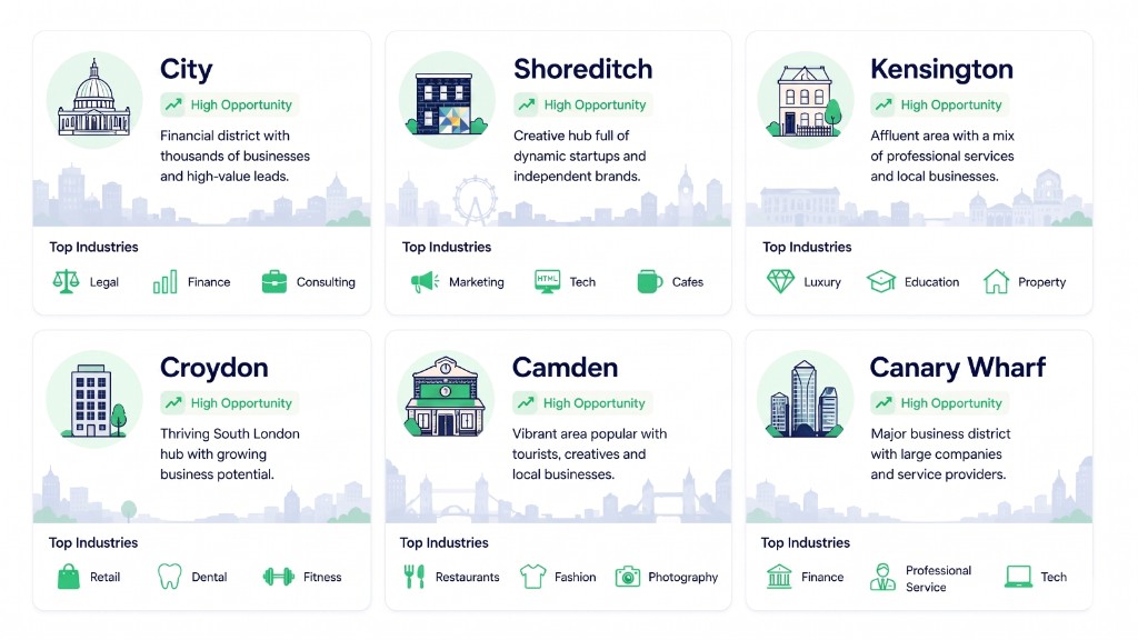 London area cards for City, Shoreditch, Kensington, Croydon, Camden, and Canary Wharf with top industries