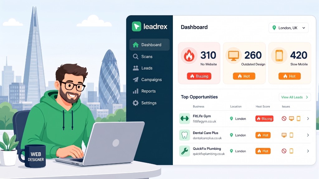 Web designer in London using LeadRex dashboard to find local clients by Heat Score