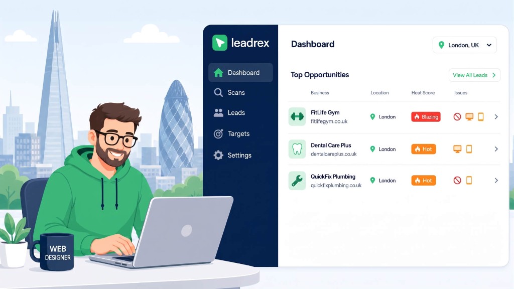 Web designer in London using LeadRex dashboard to find local clients by Heat Score