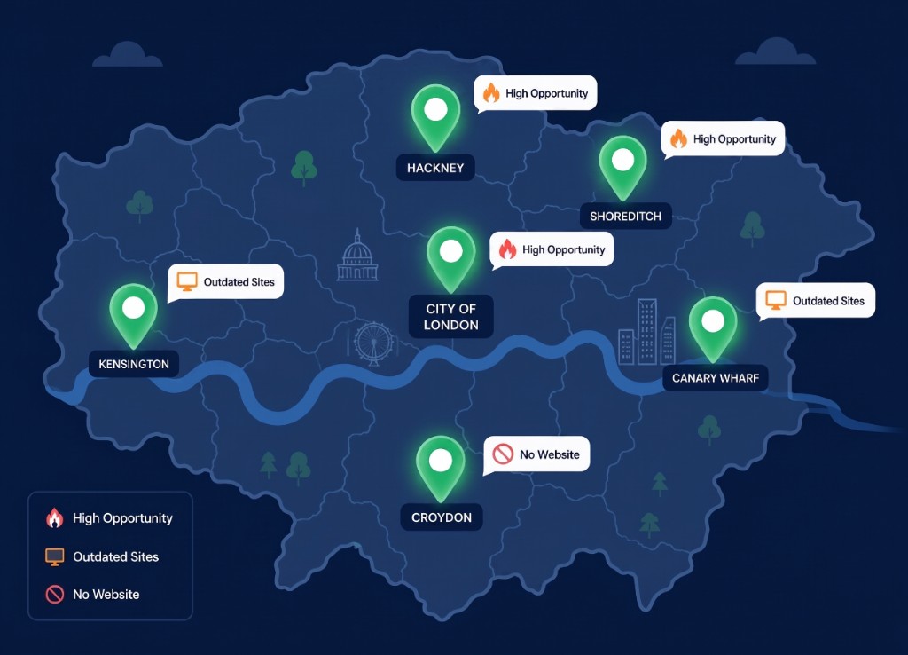 Map of London showing web design lead opportunities by borough — high opportunity, outdated sites, and no website