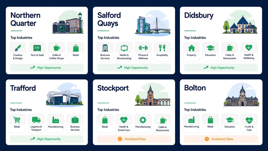 Manchester area cards for Northern Quarter, MediaCityUK, Didsbury, Altrincham, Stockport, and Bolton with top industries