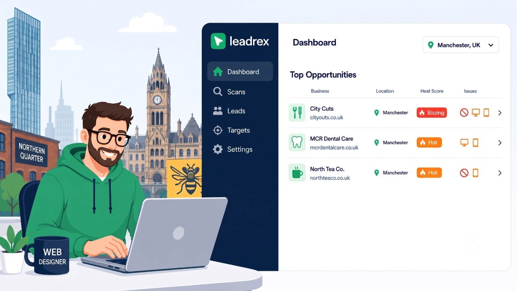 Web designer in Manchester using LeadRex dashboard to find local clients by Heat Score