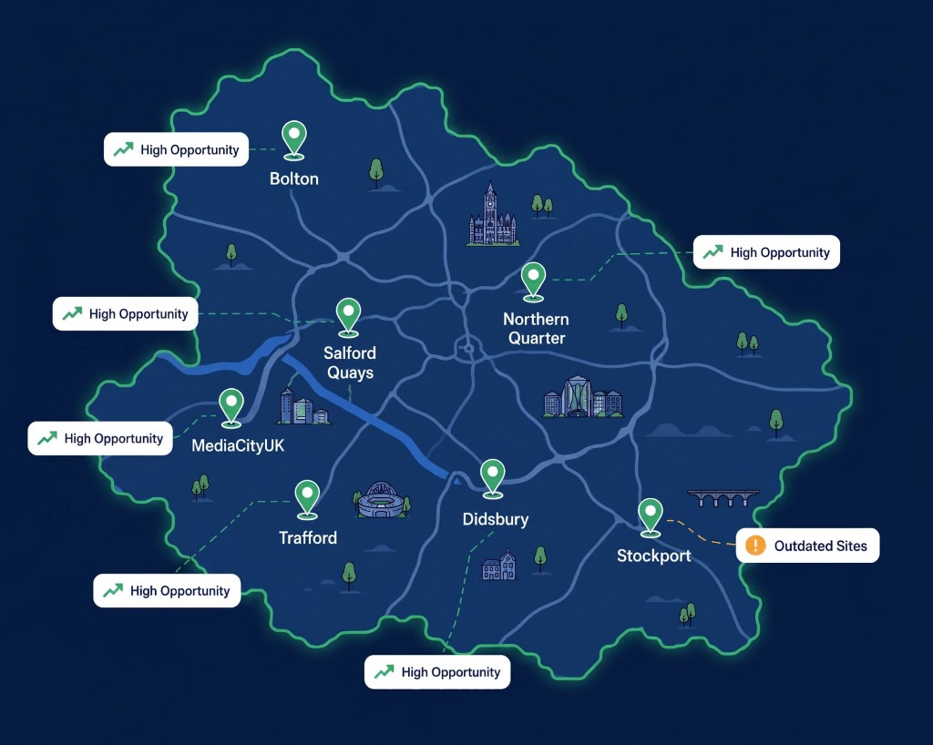 Map of Greater Manchester showing web design lead opportunities by borough — high opportunity, outdated sites, and no website