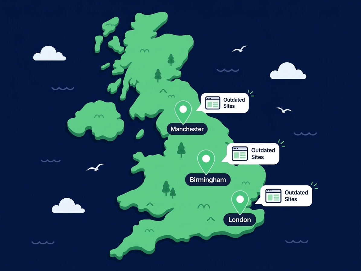 Map of the UK highlighting web design lead opportunities for outdated websites in Manchester, Birmingham, and London